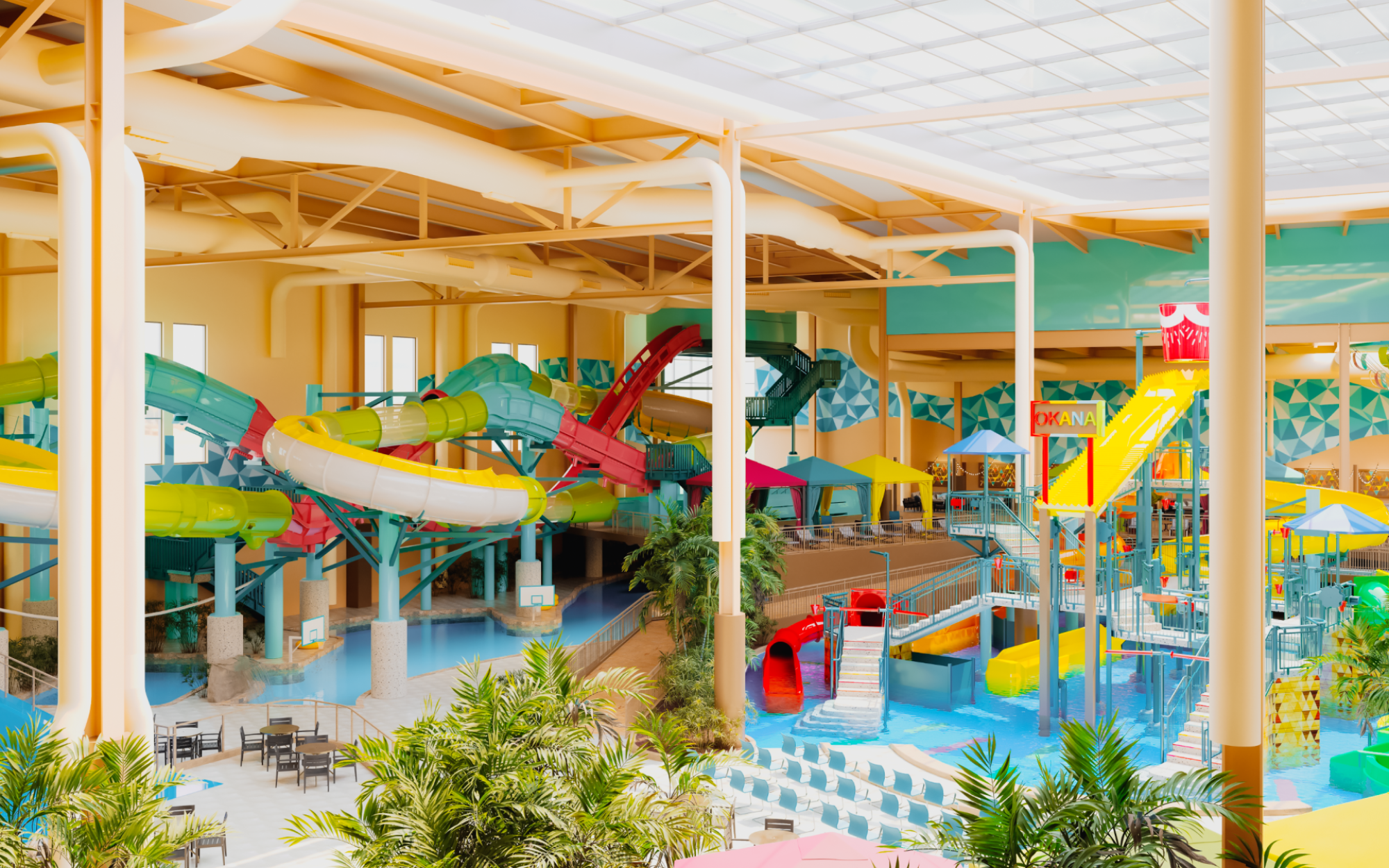 The image shows an indoor water park with various waterslides, a pool, and surrounding plants. There are seating areas and vibrant colors throughout.