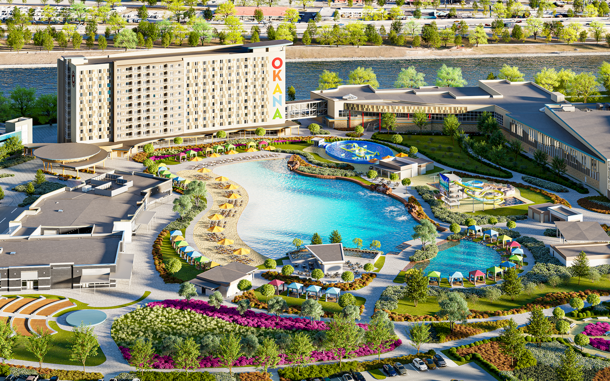 The image depicts an aerial view of a large, luxurious resort with pools, lush landscaping, and a tall hotel building, set near a body of water.