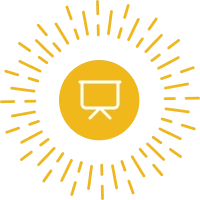 The image features a yellow circle with a white presentation screen icon in the center, surrounded by radial lines resembling sun rays.